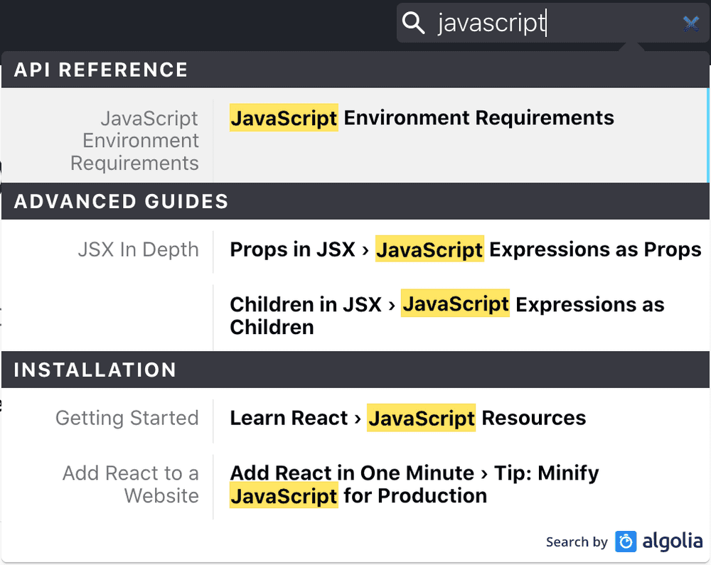 Algolia Docsearch on React docs Algolia Docsearch on React docs